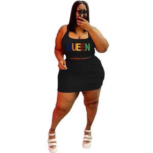 Women Casual Athleisure Sleeveless Queen Letter Applique Crop Tank Top And Skirt